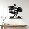 Motocross metal wall sign displayed on a bright paneled wall above a rustic console table