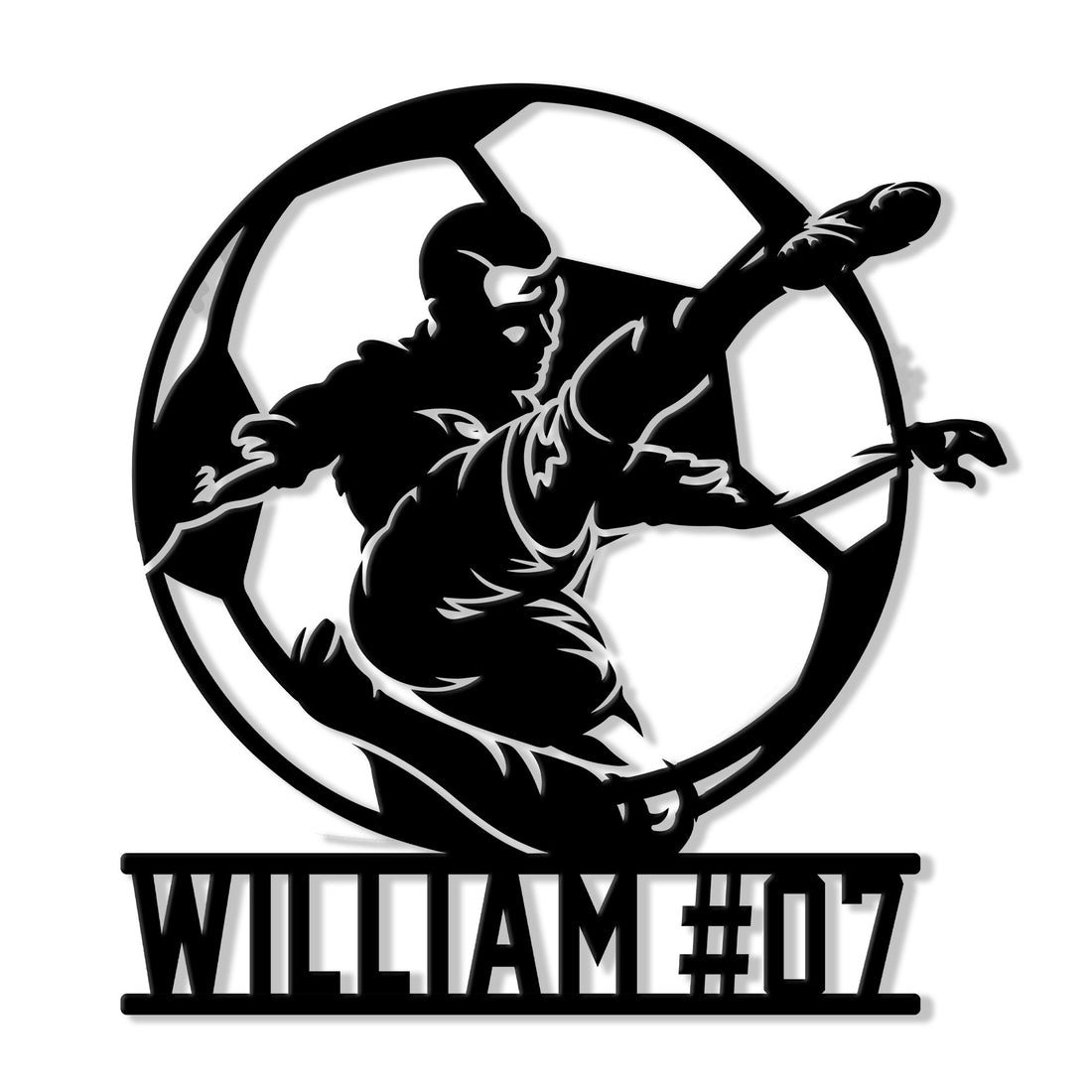 Custom soccer metal sign featuring a dramatic bicycle kick silhouette and bold athletic wall decor design