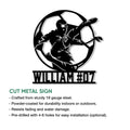 Soccer bicycle kick metal sign shown with cut steel sign features and installation information
