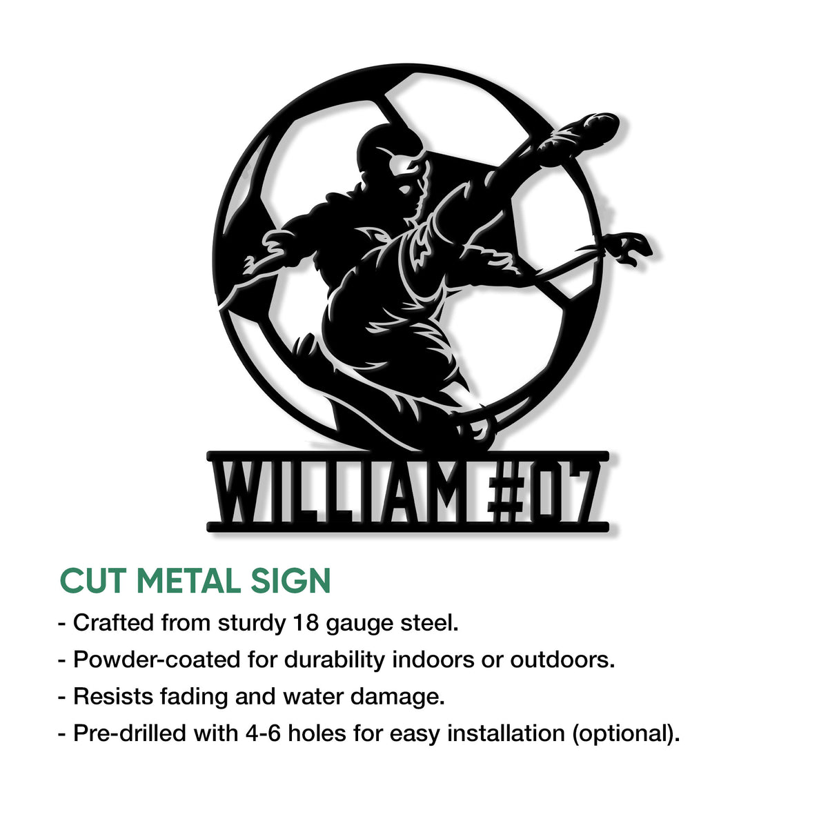 Soccer bicycle kick metal sign shown with cut steel sign features and installation information