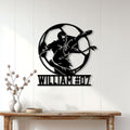 Soccer player bicycle kick metal sign displayed as striking wall decor in a bright home entryway
