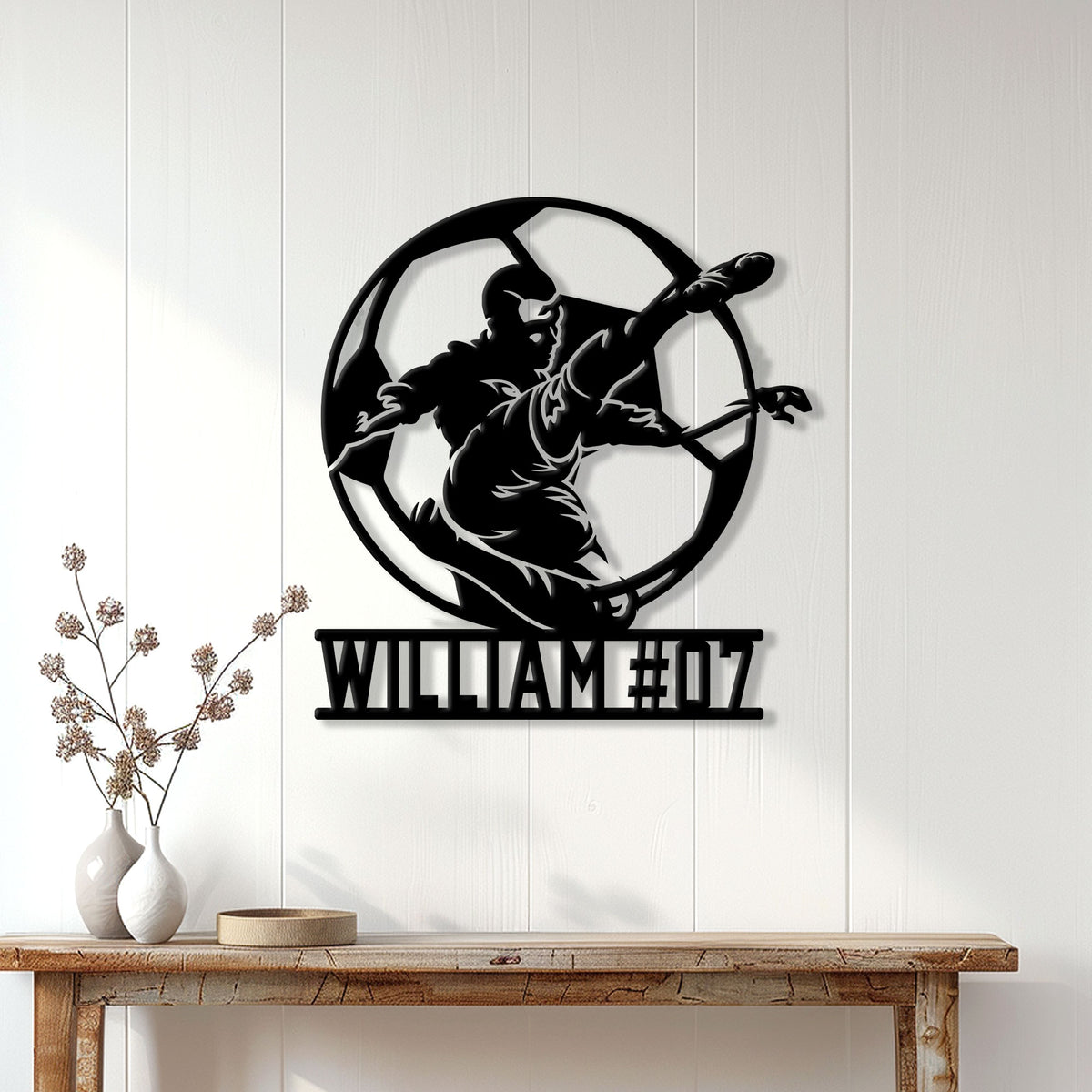 Soccer player bicycle kick metal sign displayed as striking wall decor in a bright home entryway