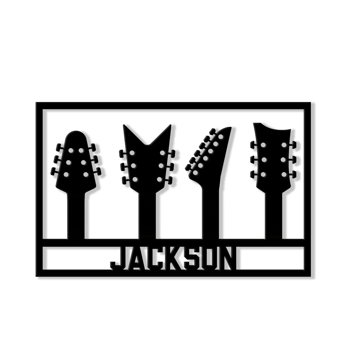 Black metal guitar sign featuring four distinctive guitar headstock silhouettes in a bold rectangular design