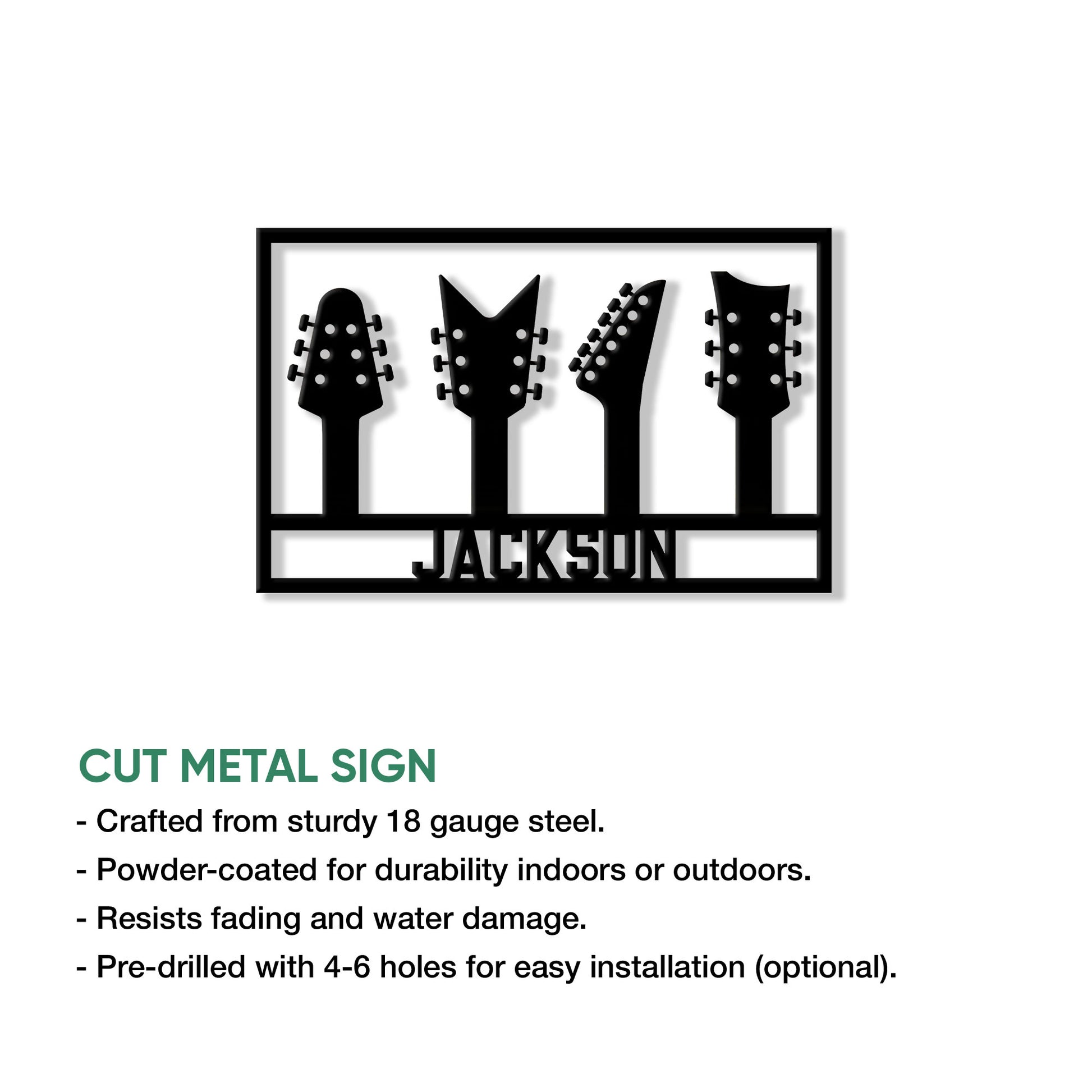 Feature graphic showing a cut metal guitar sign with four guitar headstock silhouettes and installation highlights