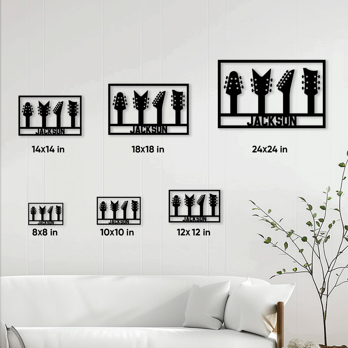Guitar metal sign size guide showing available square sizes from 8 by 8 inches to 24 by 24 inches