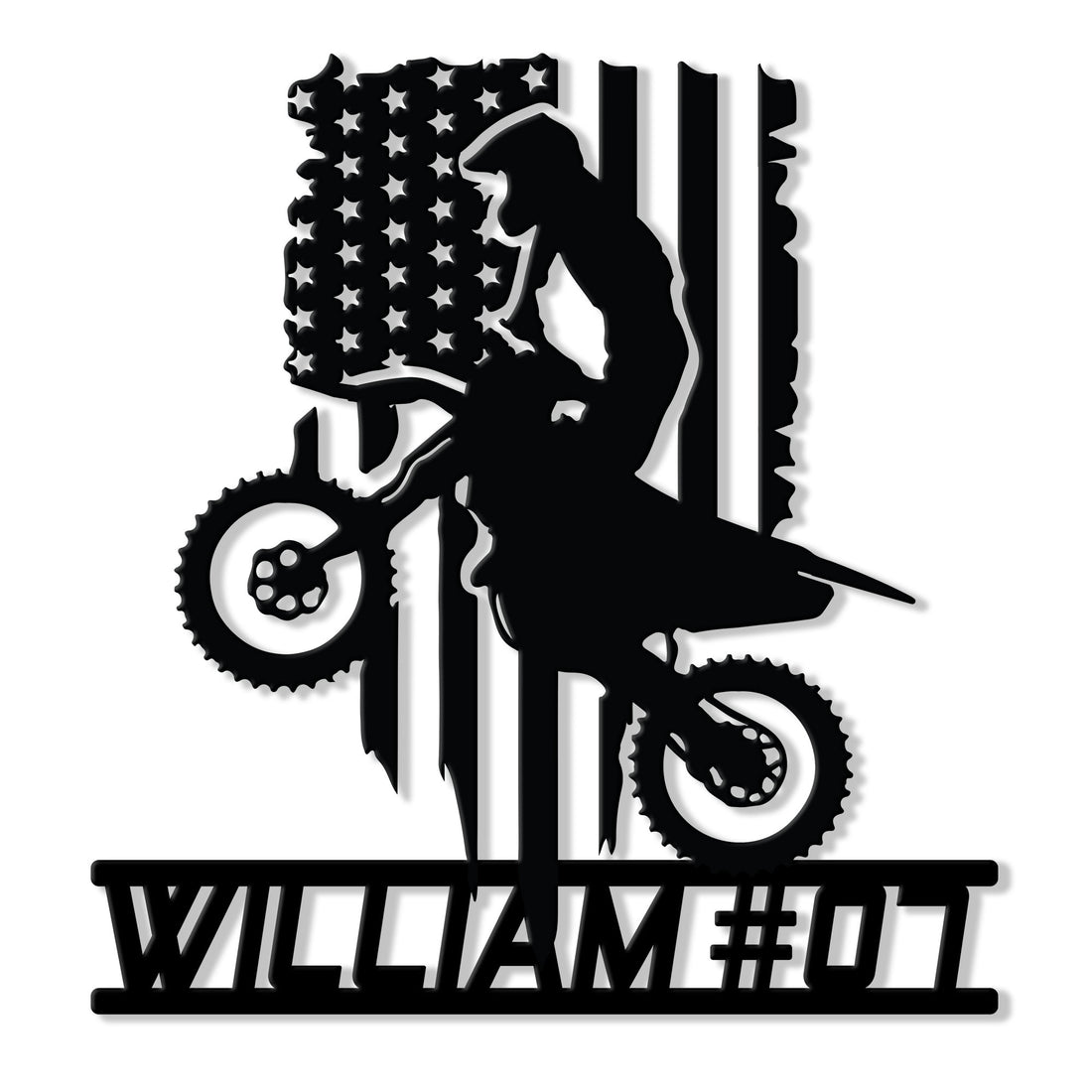 Motocross rider silhouette with dirt bike and patriotic flag design on a custom metal sign