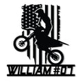 Motocross rider silhouette with dirt bike and patriotic flag design on a custom metal sign