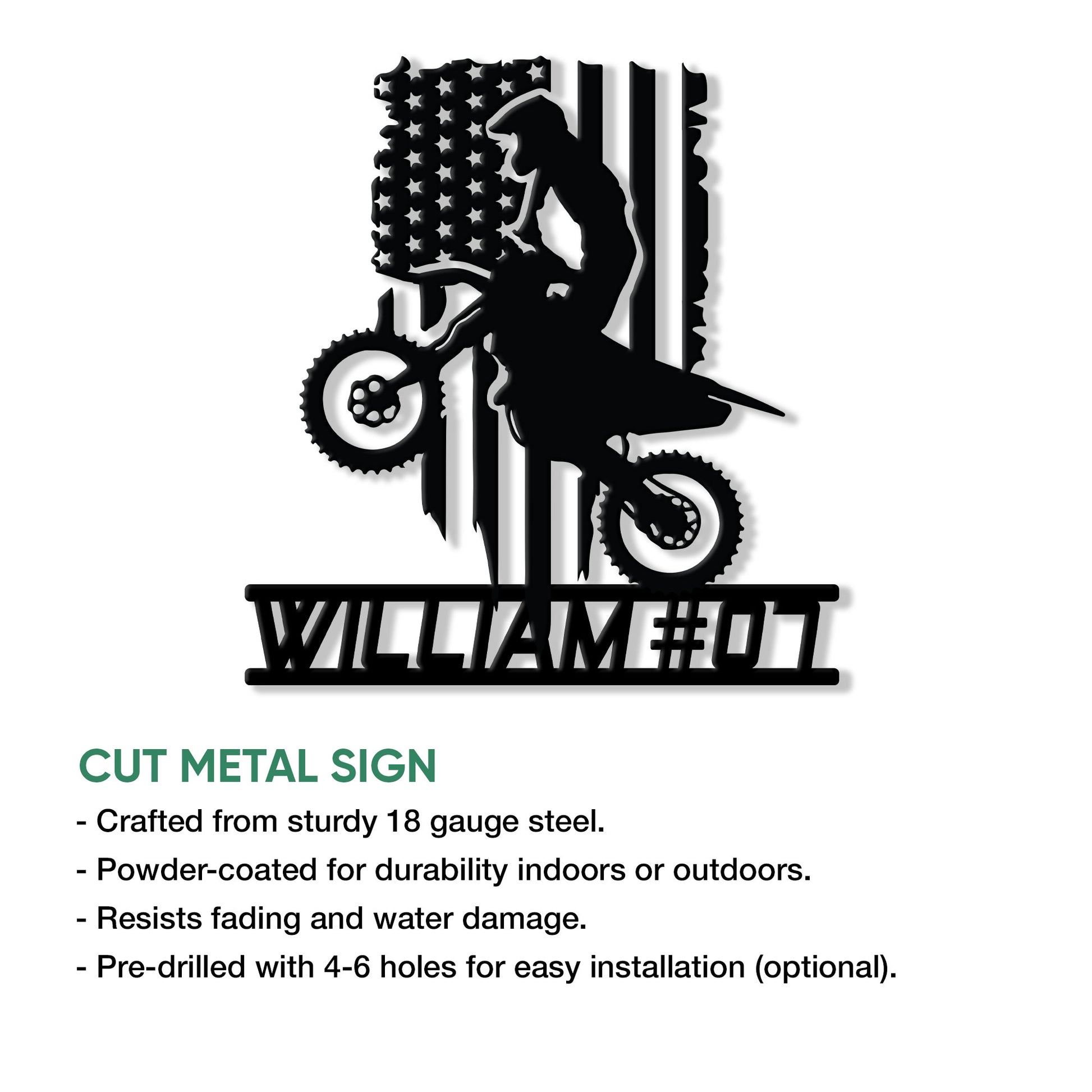 Cut metal motocross sign featuring a dirt bike rider silhouette and bold patriotic flag backdrop