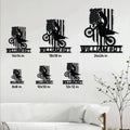Motocross metal sign size guide showing six square size options from 8x8 to 24x24 inches