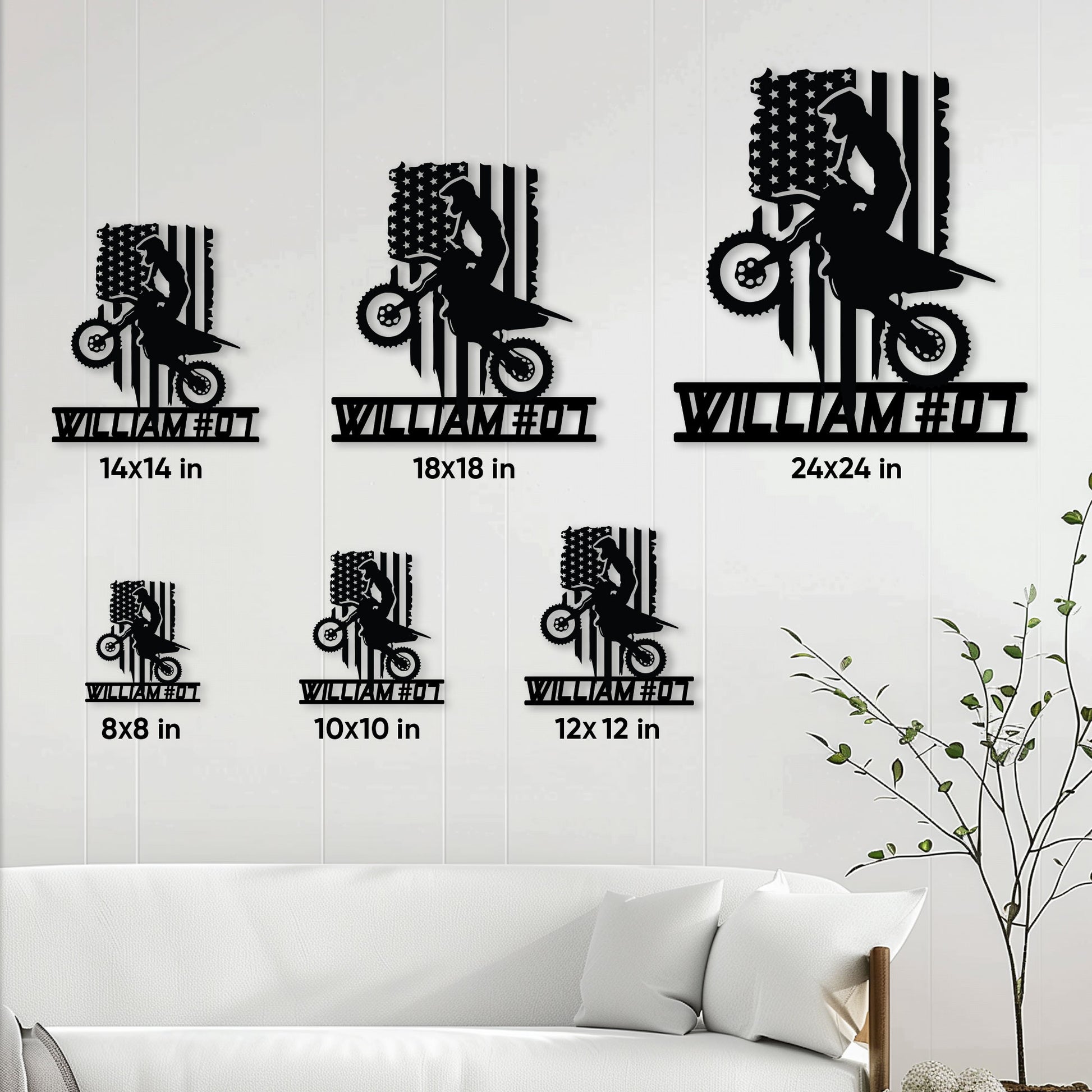 Motocross metal sign size guide showing six square size options from 8x8 to 24x24 inches