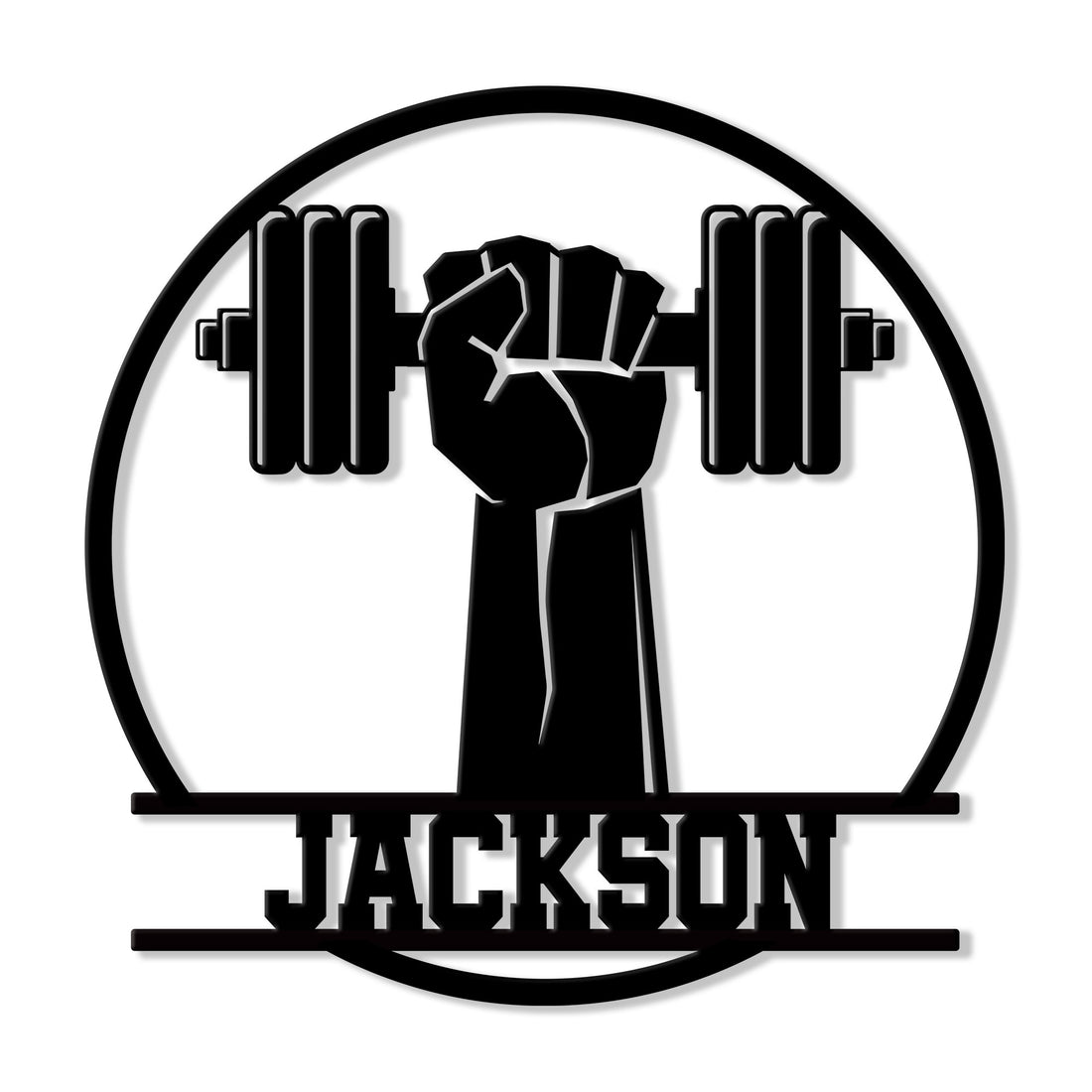 Custom gym metal sign featuring a raised fist gripping a barbell inside a bold circular design