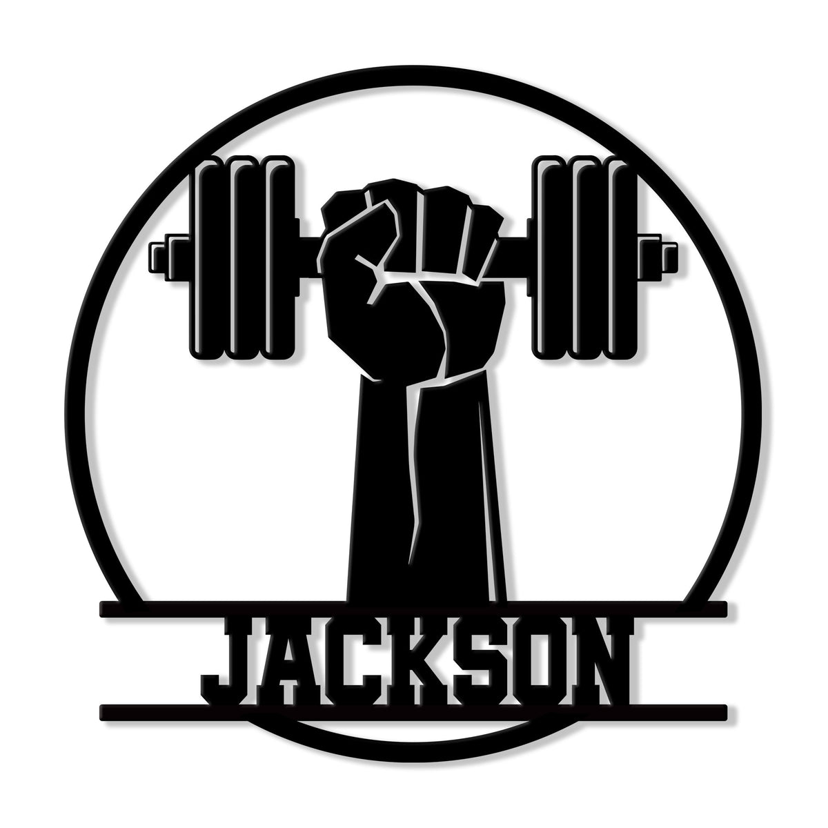 Custom gym metal sign featuring a raised fist gripping a barbell inside a bold circular design