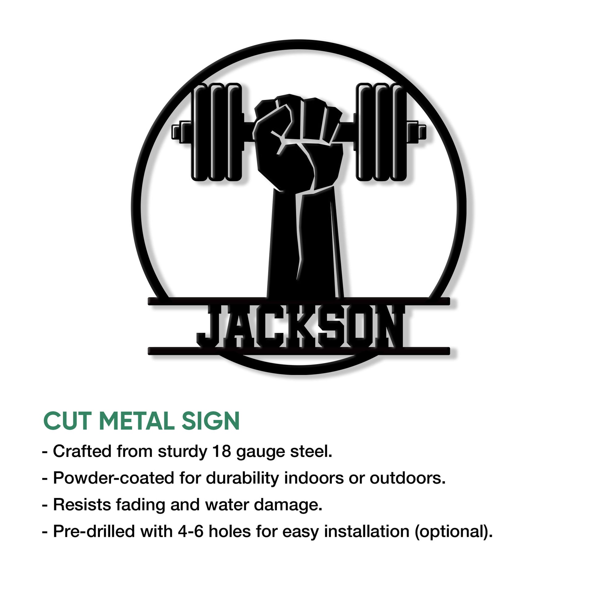 Weightlifting gym metal sign showcasing a powerful raised fist and barbell artwork