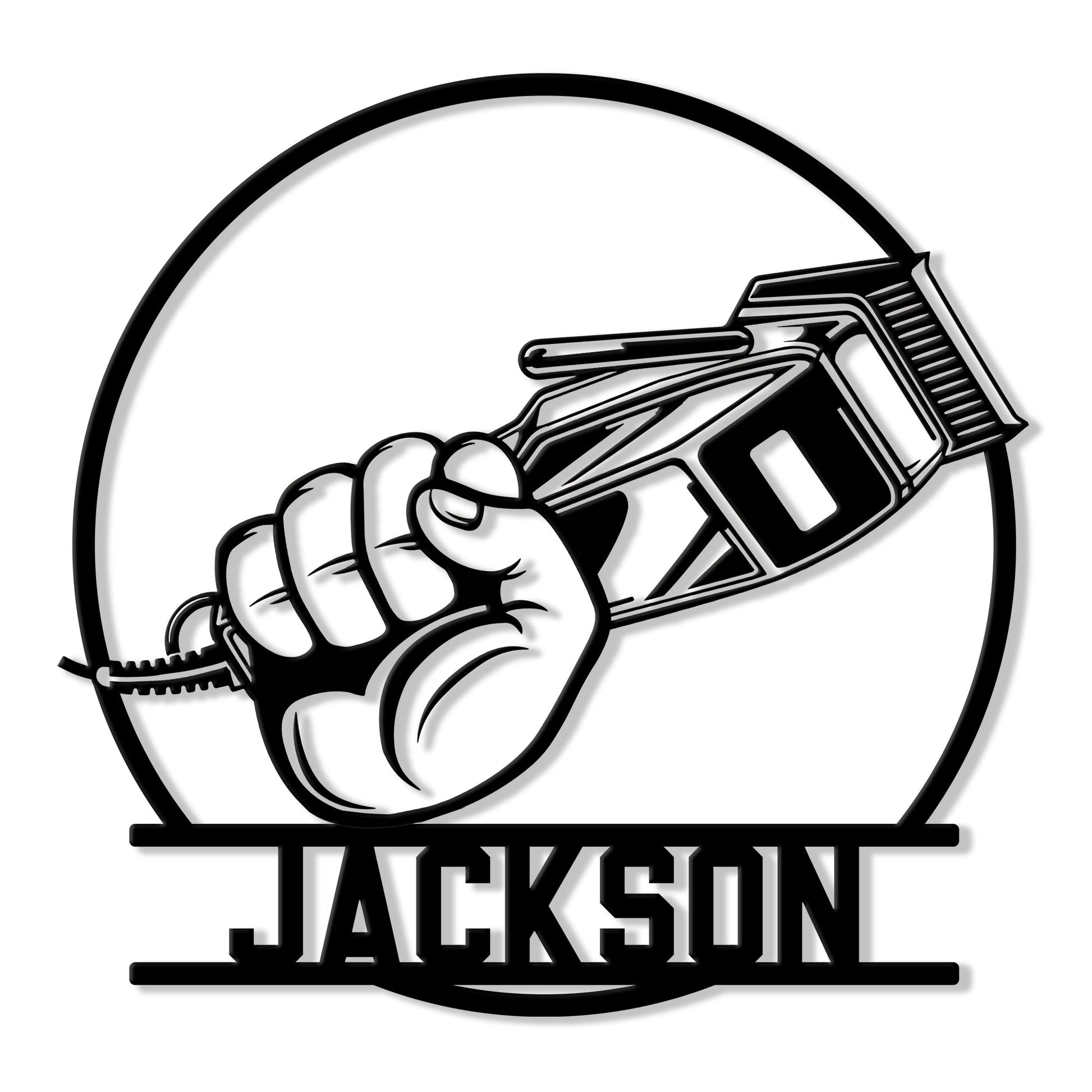 Black and white barber metal sign featuring a hand gripping hair clippers inside a bold circular frame