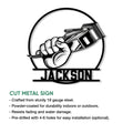 Barber metal sign feature graphic showing the hand and clippers design with cut-metal construction details