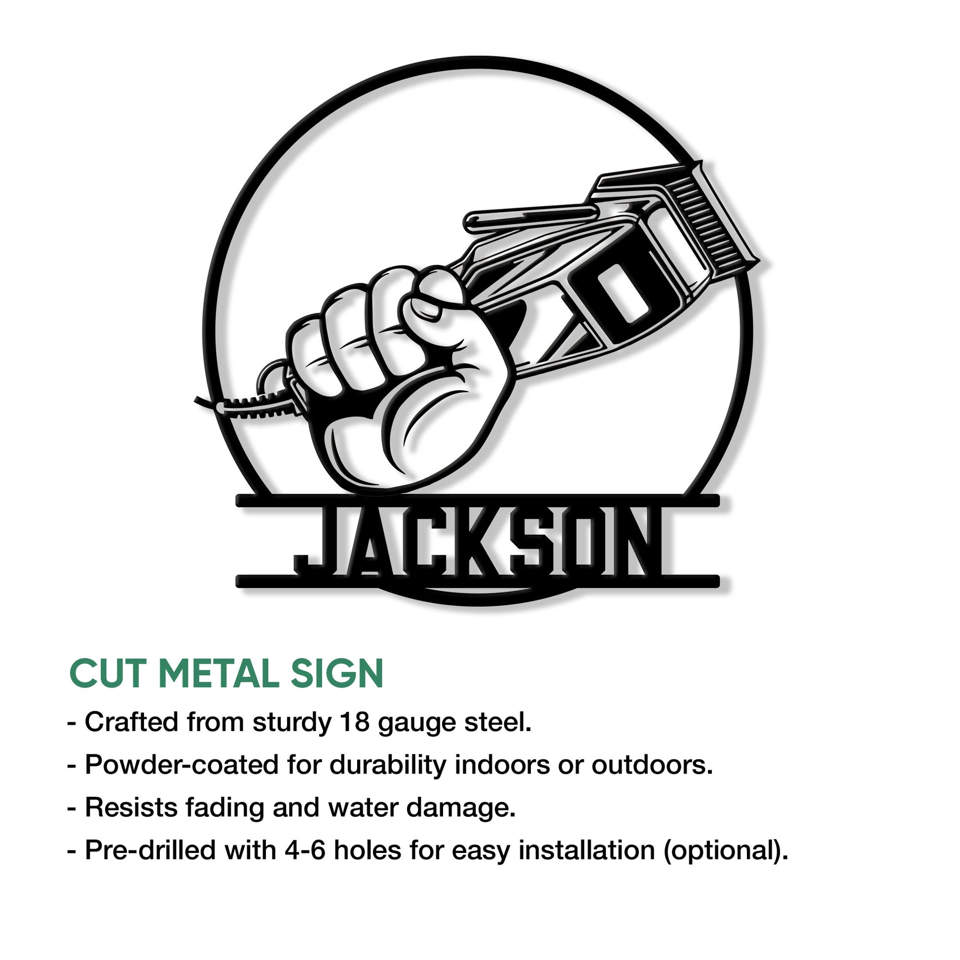 Barber metal sign feature graphic showing the hand and clippers design with cut-metal construction details