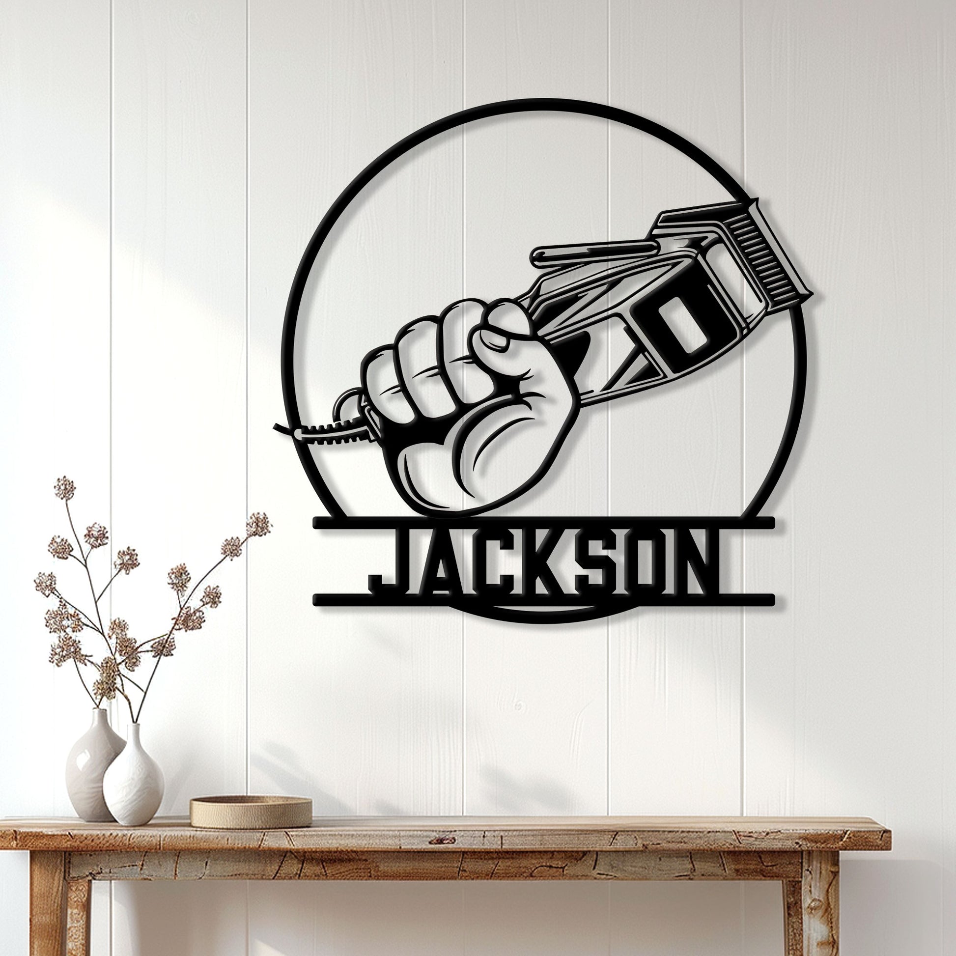 Barber wall sign displayed against a white paneled wall in a modern home decor setting