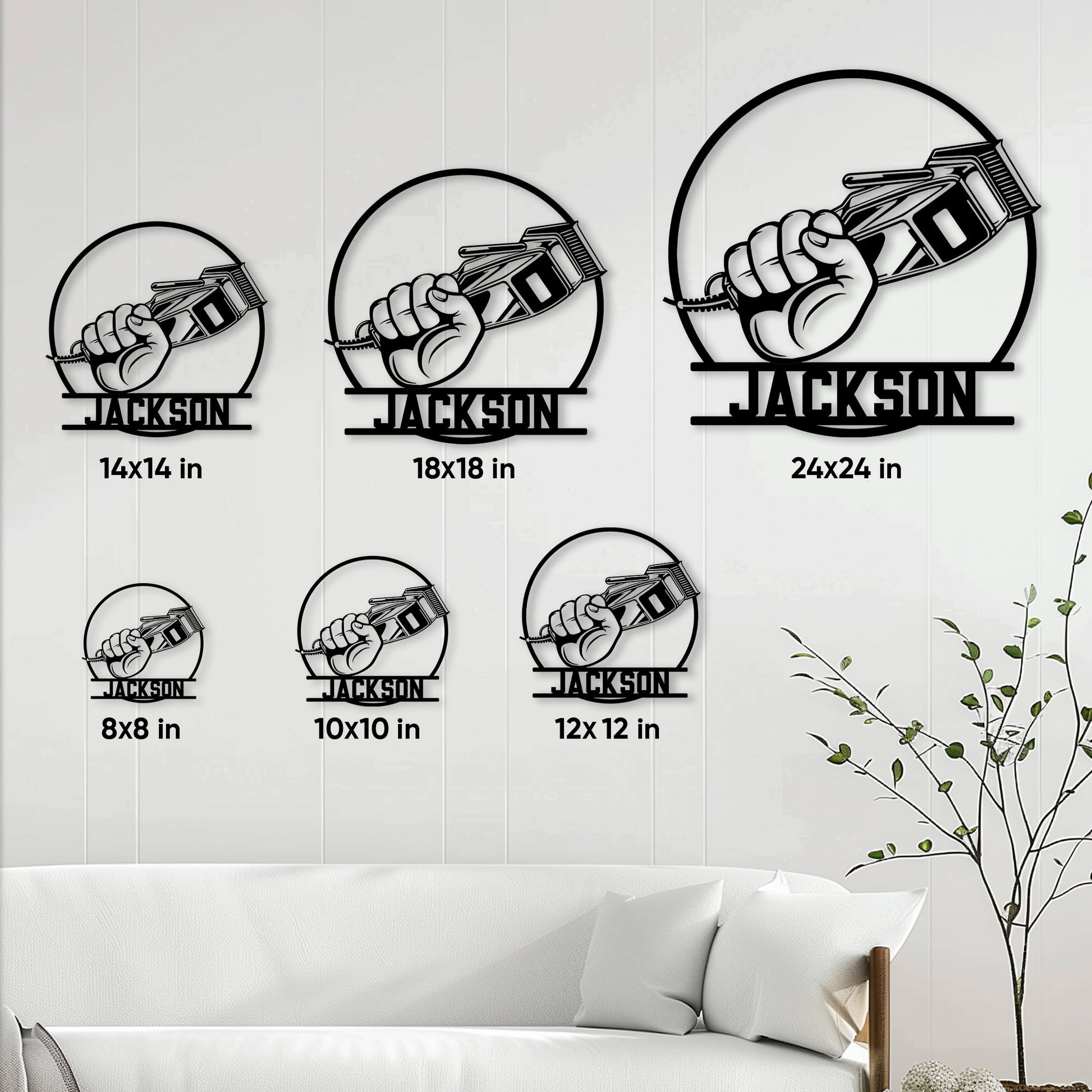 Barber metal sign size guide showing multiple square size options from compact to large wall decor