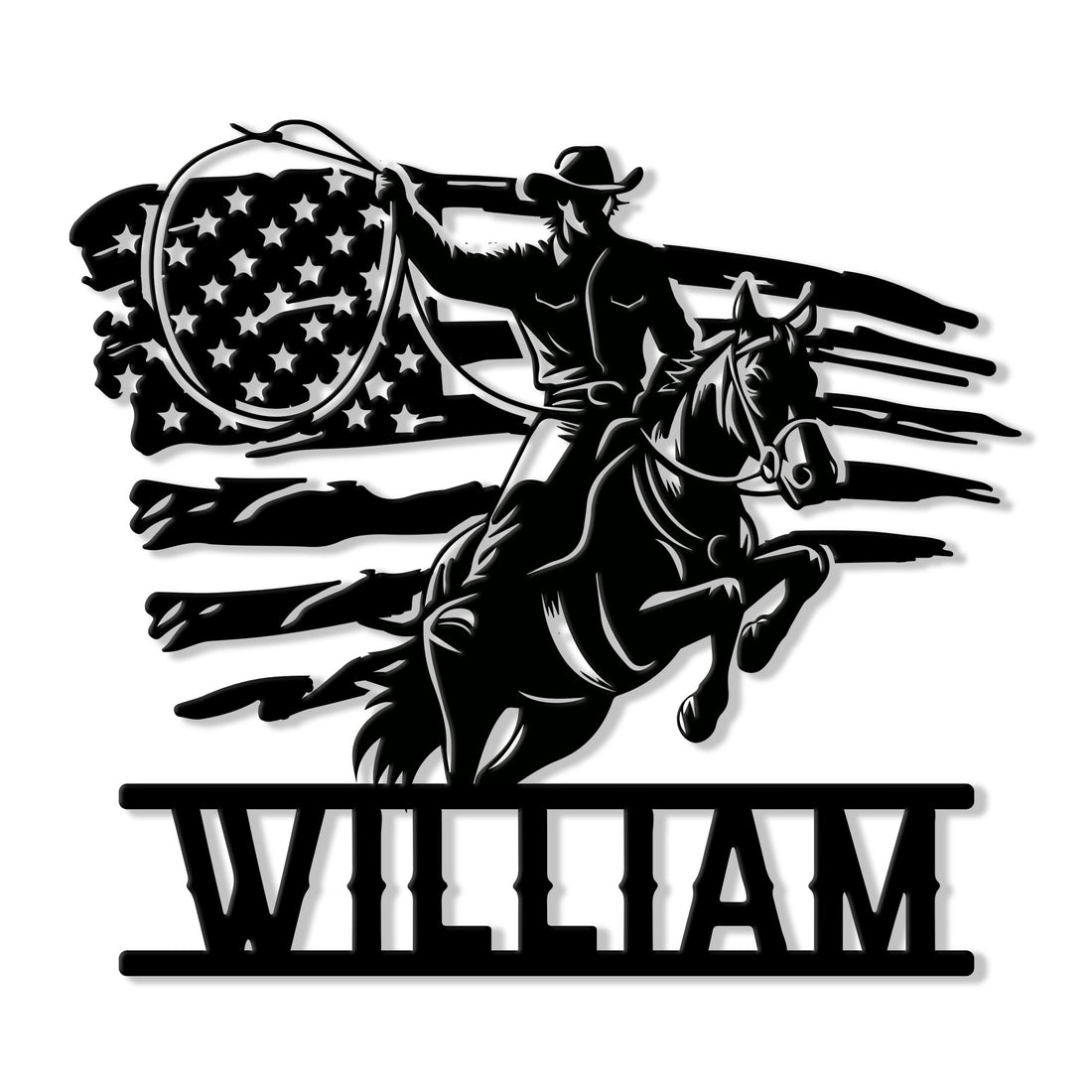 Custom cowboy metal sign featuring a rider on a rearing horse over a patriotic flag design