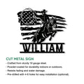 Cowboy riding horse metal sign shown in a product feature infographic with cut steel design
