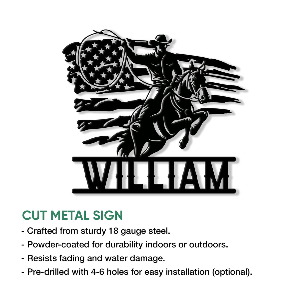 Cowboy riding horse metal sign shown in a product feature infographic with cut steel design