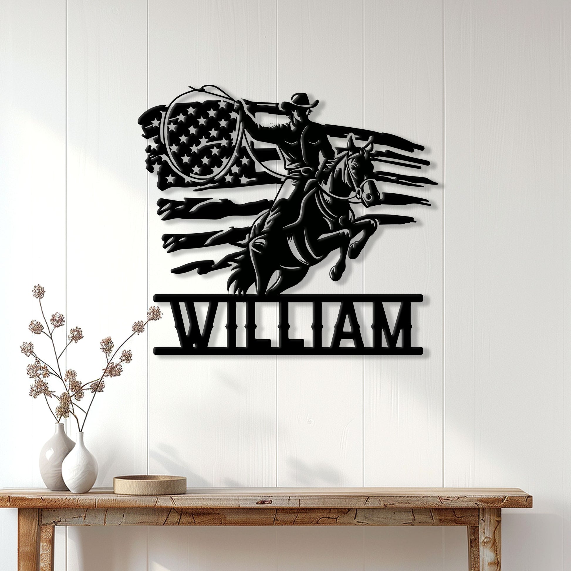 Cowboy and bucking horse metal wall sign displayed on a bright farmhouse-style interior wall