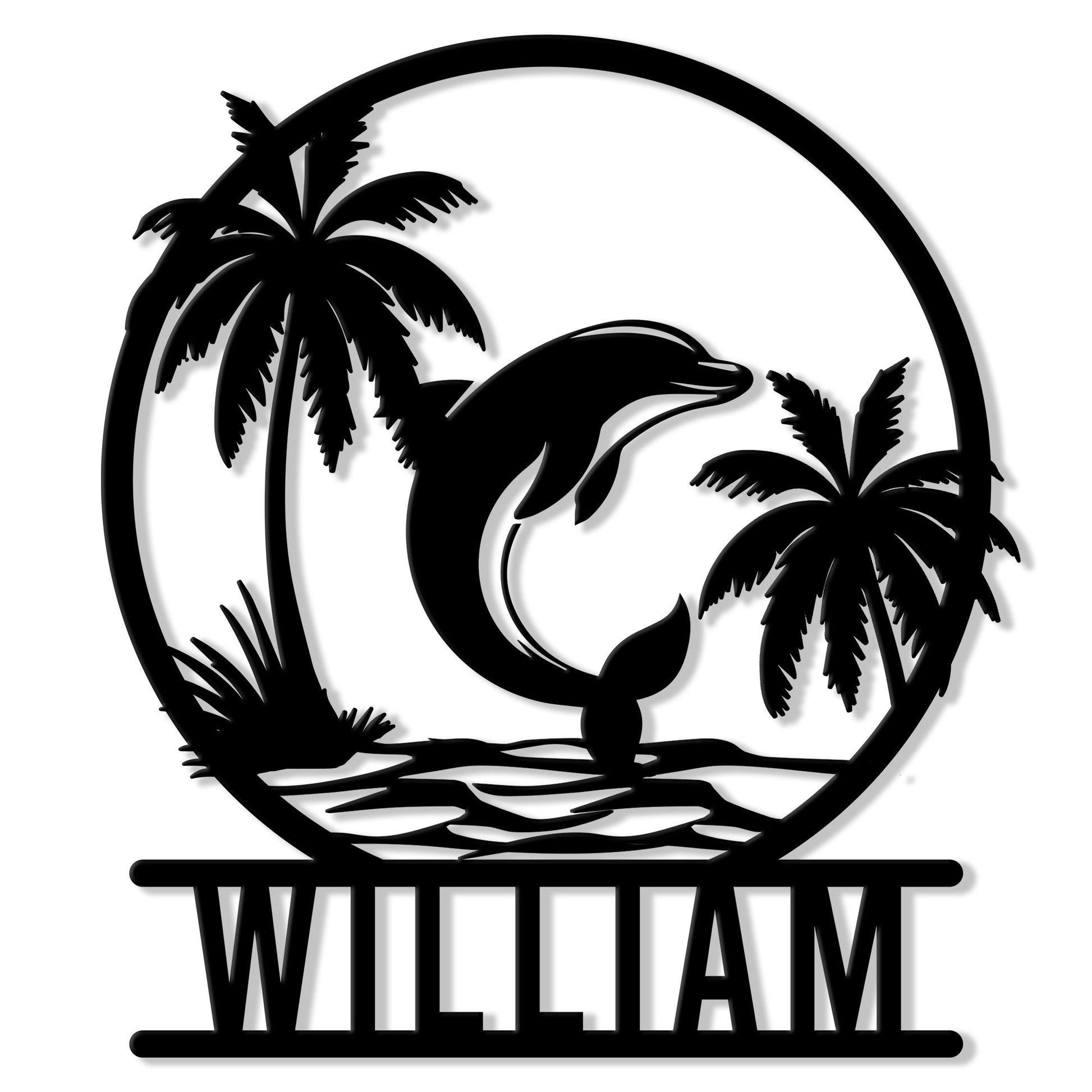 Black dolphin silhouette metal sign with palm trees, ocean waves, and a circular tropical scene