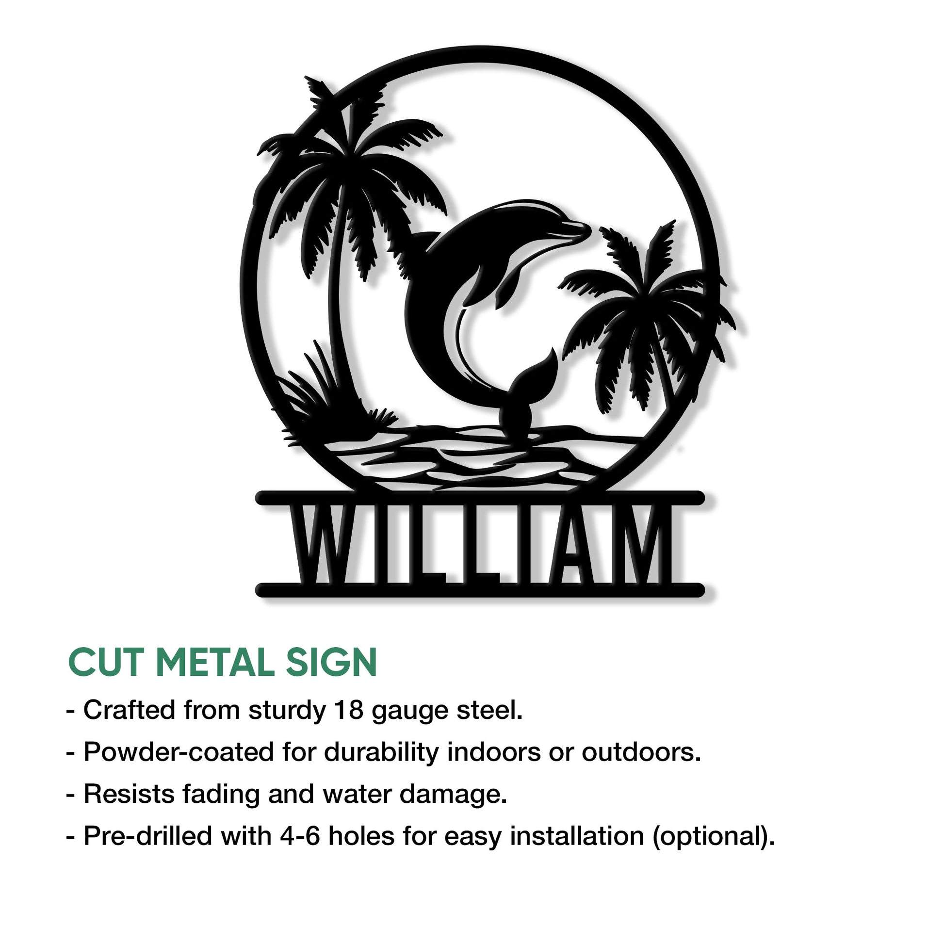 Dolphin metal sign feature graphic showing the tropical ocean design and cut metal sign details