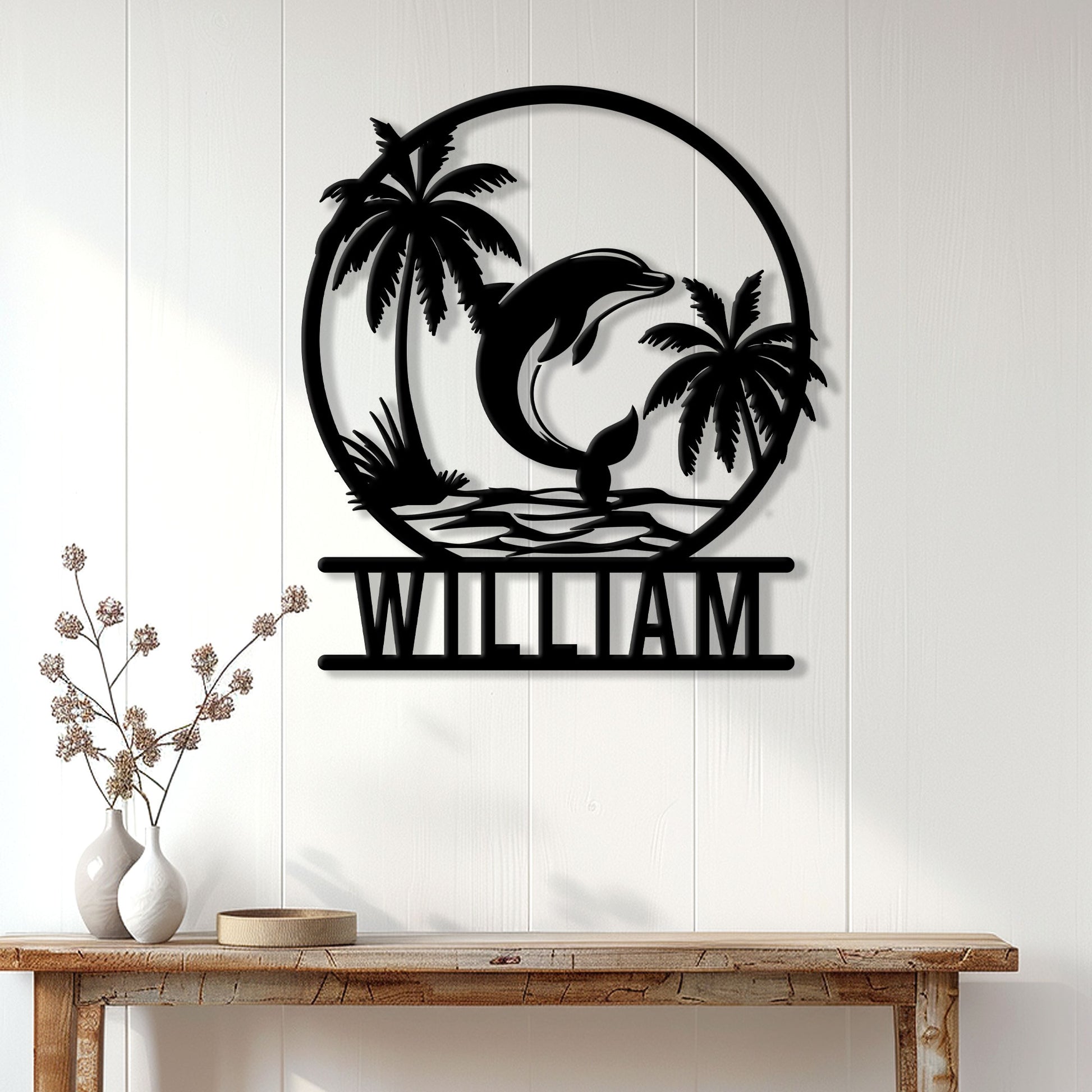 Dolphin tropical wall sign displayed on a white paneled wall above a console table