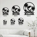 Dolphin metal sign size guide showing multiple square size options in a living room setting