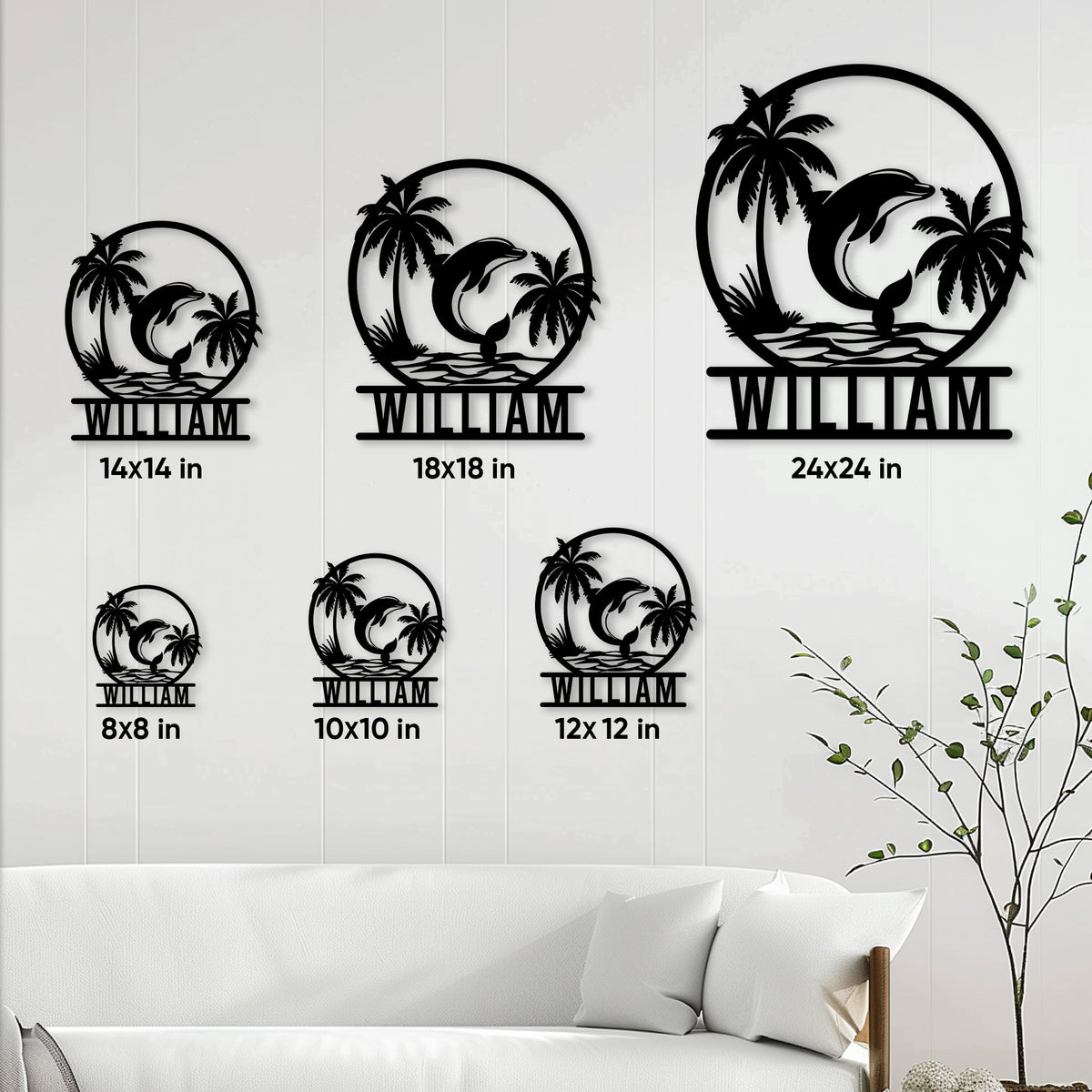 Dolphin metal sign size guide showing multiple square size options in a living room setting
