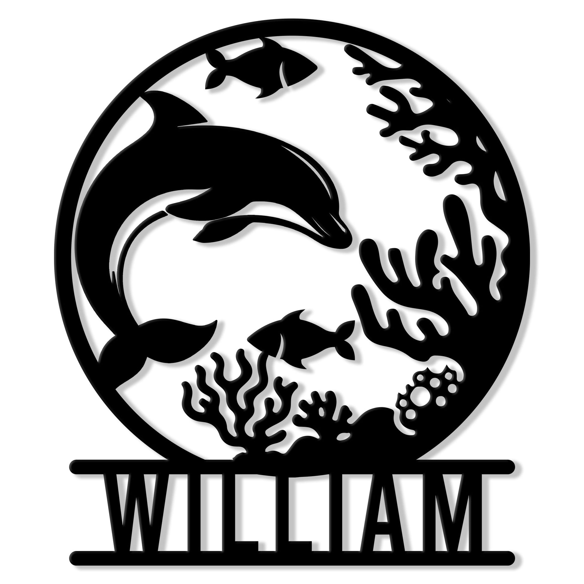 Circular dolphin metal sign featuring ocean fish, coral, seaweed, and a leaping dolphin silhouette