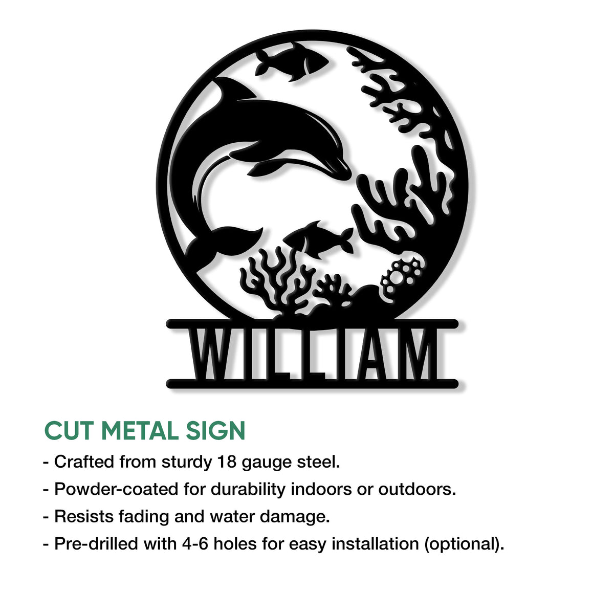 Dolphin ocean wall sign shown with a cut-metal design and marine life silhouette artwork