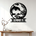 Dolphin metal wall decor displayed on a white paneled wall above a console table
