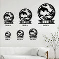 Dolphin metal sign size guide showing multiple square size options in a living room setting