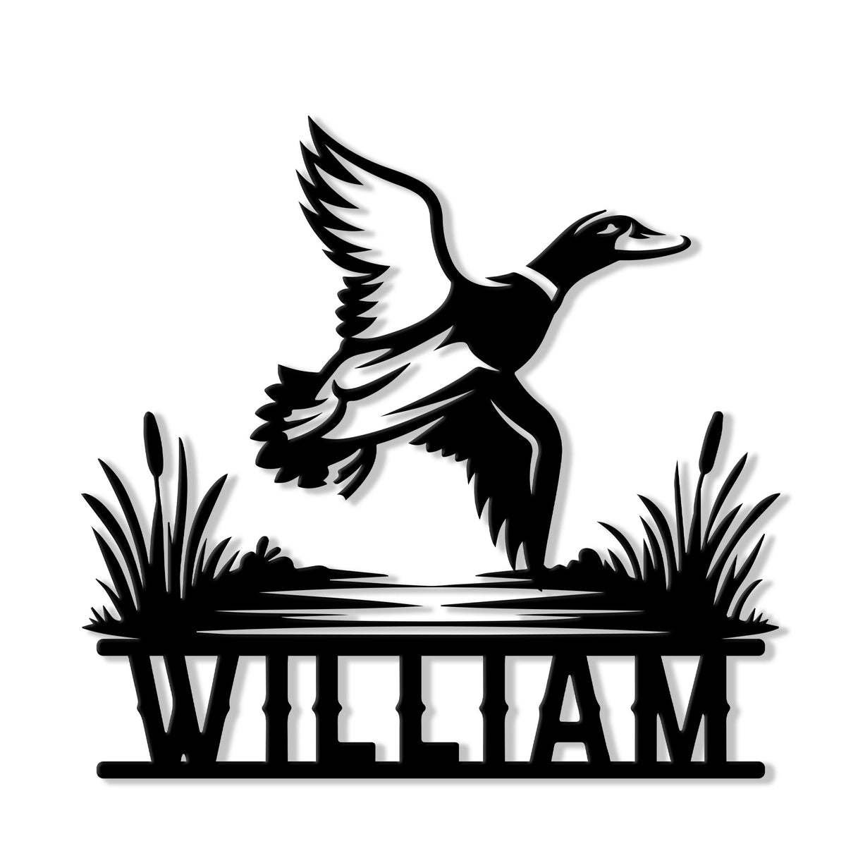 Black duck hunting metal sign featuring a flying waterfowl silhouette over marsh grass and water