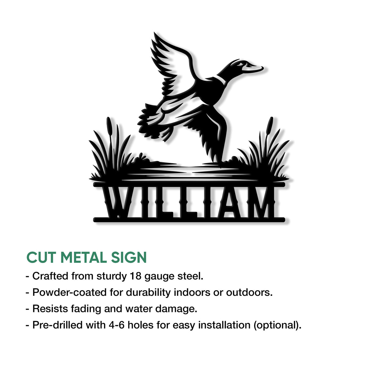 Duck hunting cut metal sign shown as a bold waterfowl silhouette with marsh-inspired details