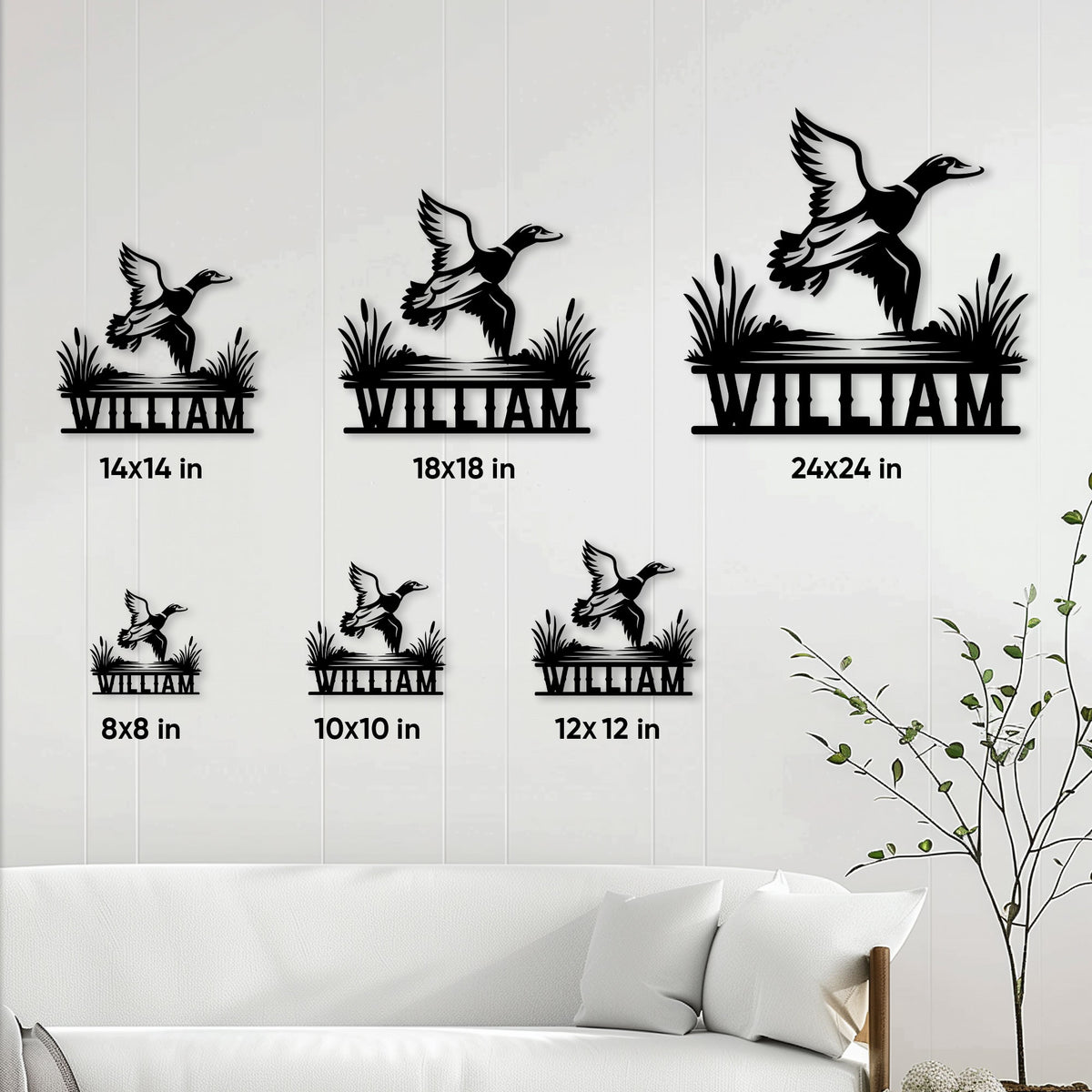 Duck hunting metal sign size guide showing several available dimensions for wall display