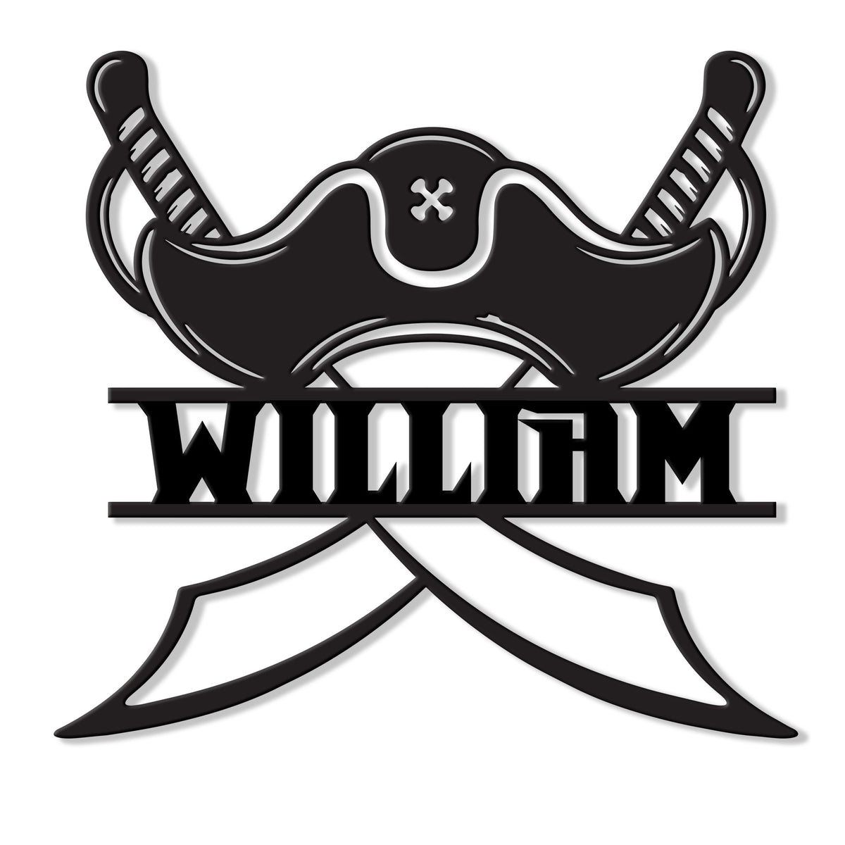 Custom pirate metal sign featuring a classic pirate hat, crossed swords, and bold cutout styling