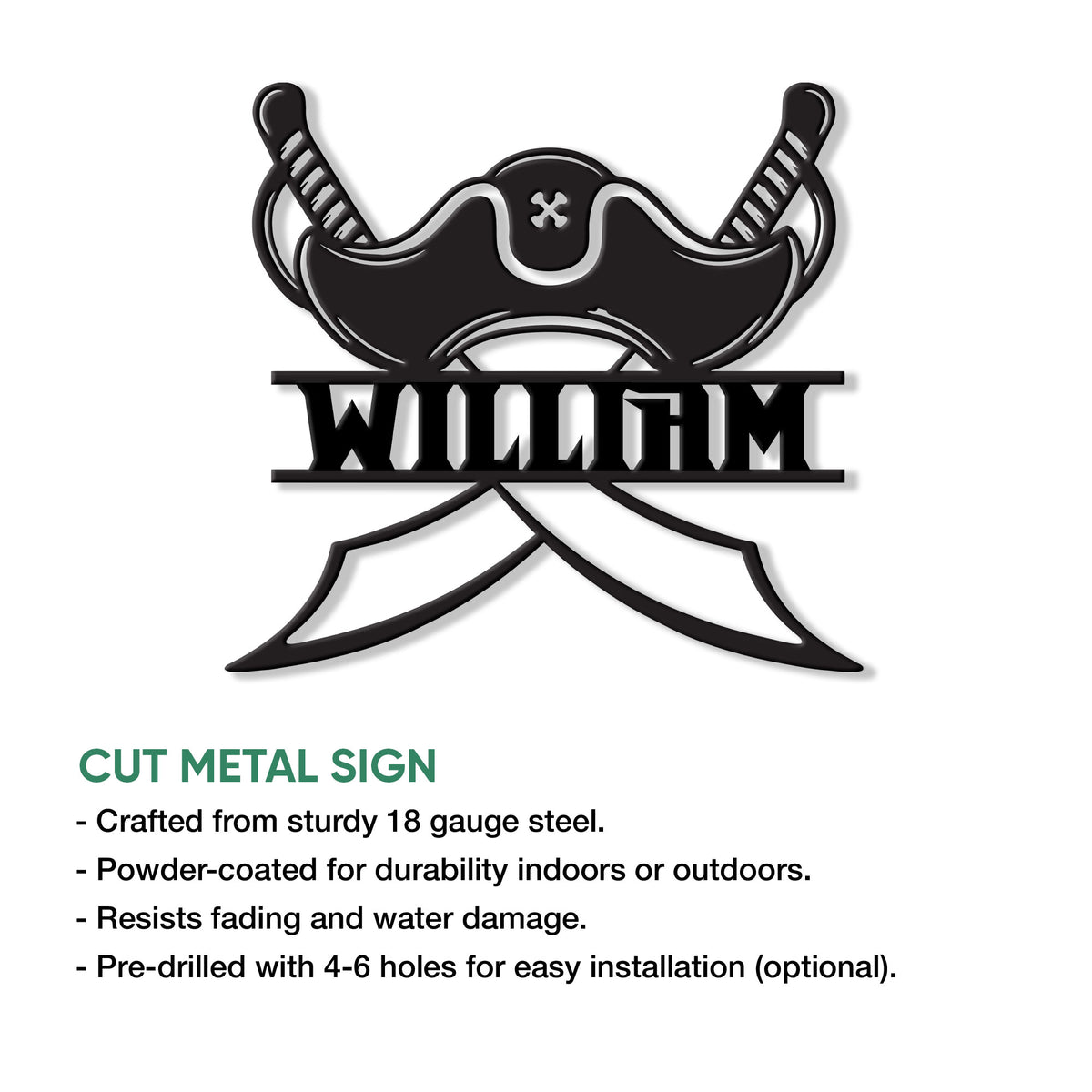 Pirate hat metal sign shown as a cut metal wall accent with crossed swords and a bold silhouette