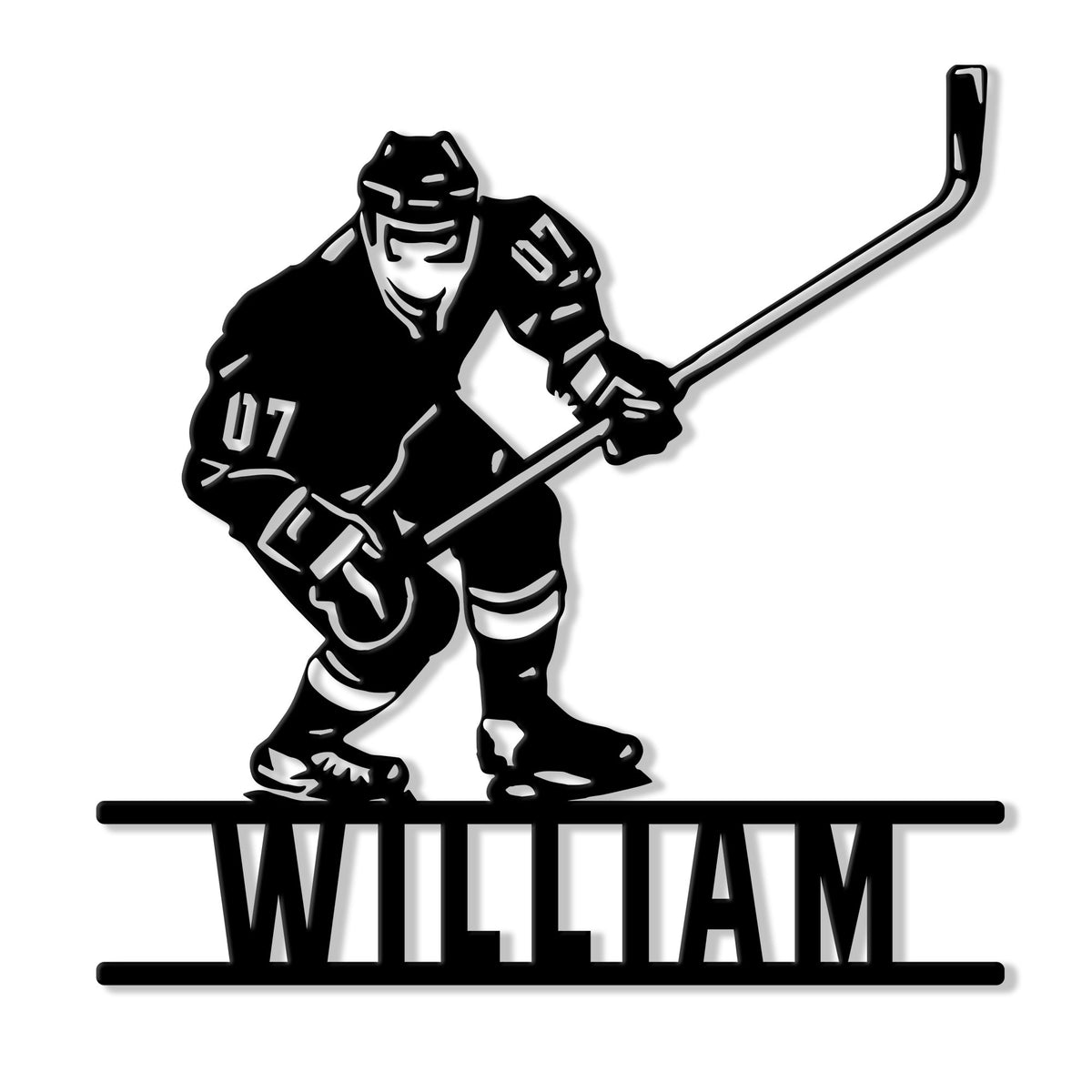 Custom hockey metal sign featuring an ice hockey player skating with a stick