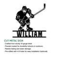 Hockey player cut metal sign shown with product feature information for indoor or outdoor display