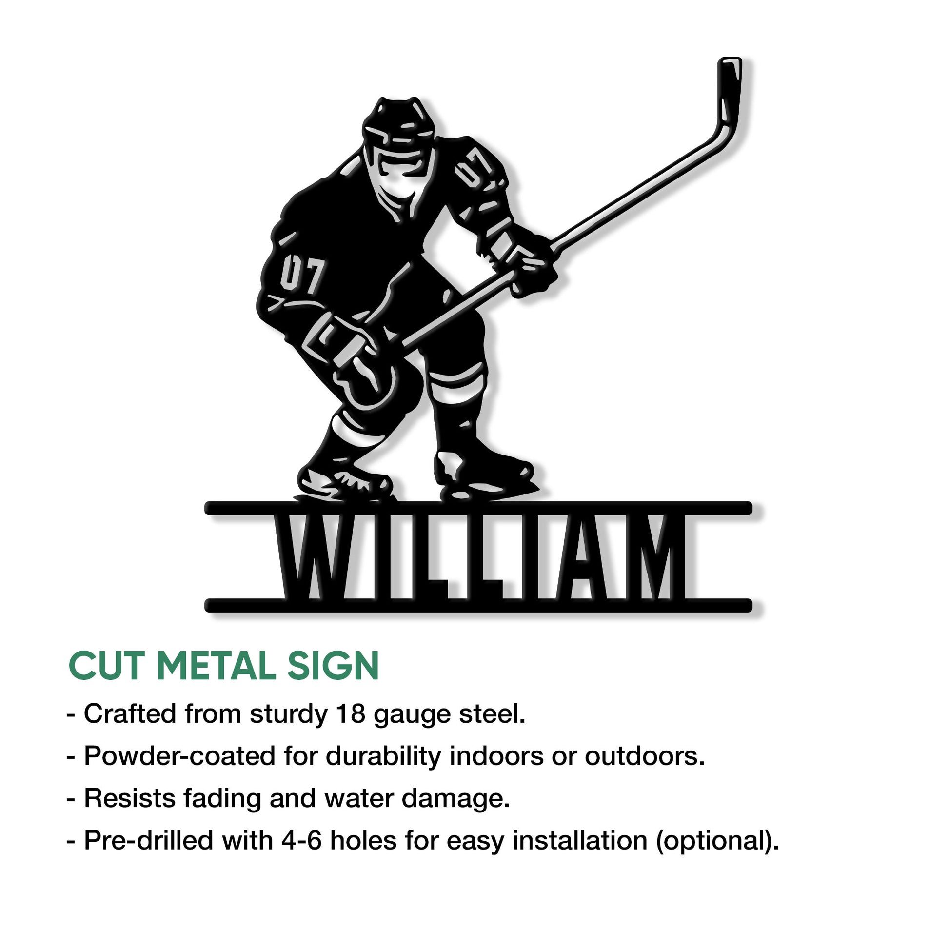 Hockey player cut metal sign shown with product feature information for indoor or outdoor display