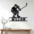 Hockey metal wall sign displayed on a light wood-paneled wall above a console table