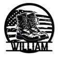 Custom veteran metal sign featuring combat boots against a distressed American flag design