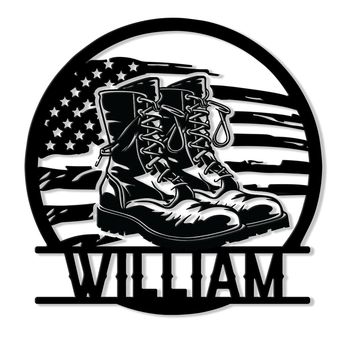 Custom veteran metal sign featuring combat boots against a distressed American flag design