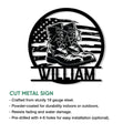 Veteran metal sign feature graphic showing combat boots and an American flag silhouette