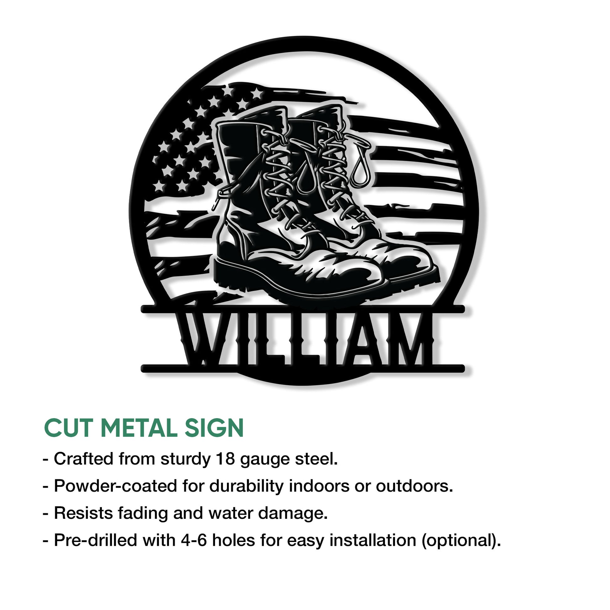 Veteran metal sign feature graphic showing combat boots and an American flag silhouette