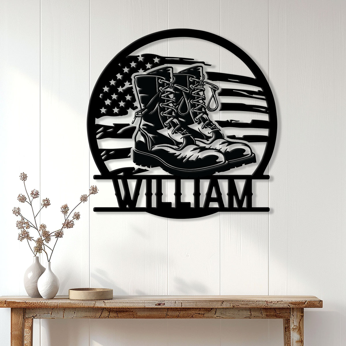 Veteran wall decor displayed on a white paneled wall above a console table