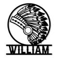 Custom Native American headdress metal sign with a bold feathered design and circular silhouette